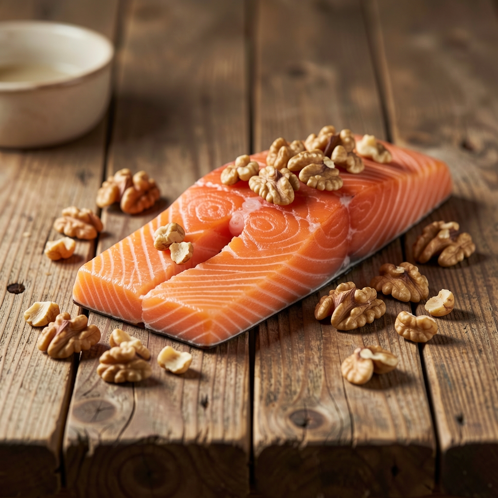 Lachsfilet und Walnüsse auf rustikalem Holztisch, editoriale Stillleben-Aufnahme für Omega-3-reiche Kochrezepte